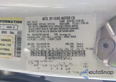 2015 Ford Fusion Titanium z USA, uszkodzony, nr VIN 3FA6P0K94FR269442
